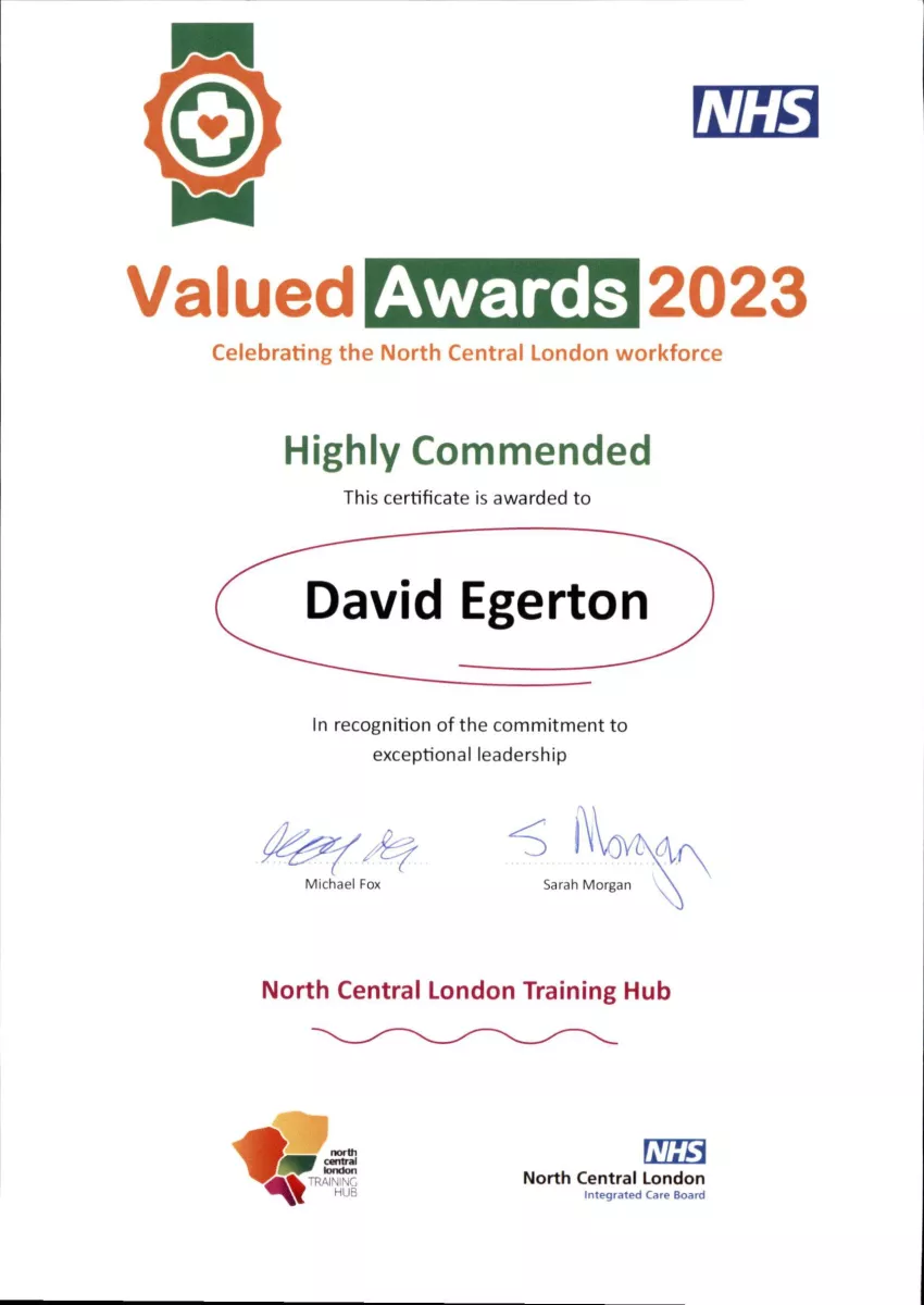 Image of Dr Egerton's award certificate